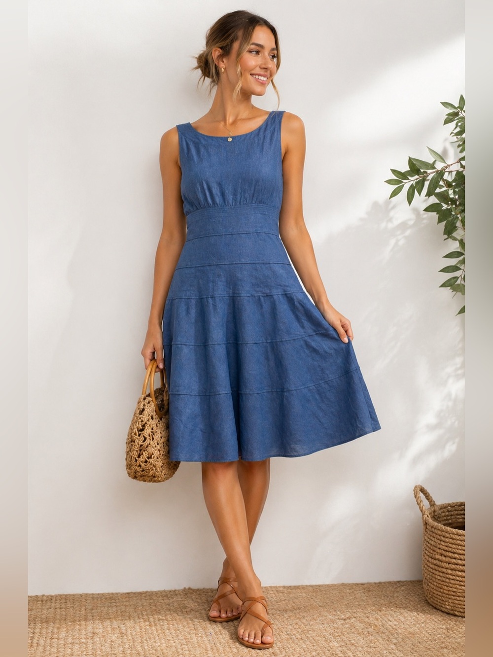 Jones New York 100% Linen Dress 12 Blue Midi Resort Travel Wedding Guest Summer - Picture 2 of 9